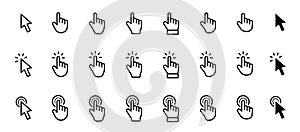 Pointer cursor ÃÂomputer mouse icon. Clicking cursor, pointing hand clicks icons. Click cursor - stock